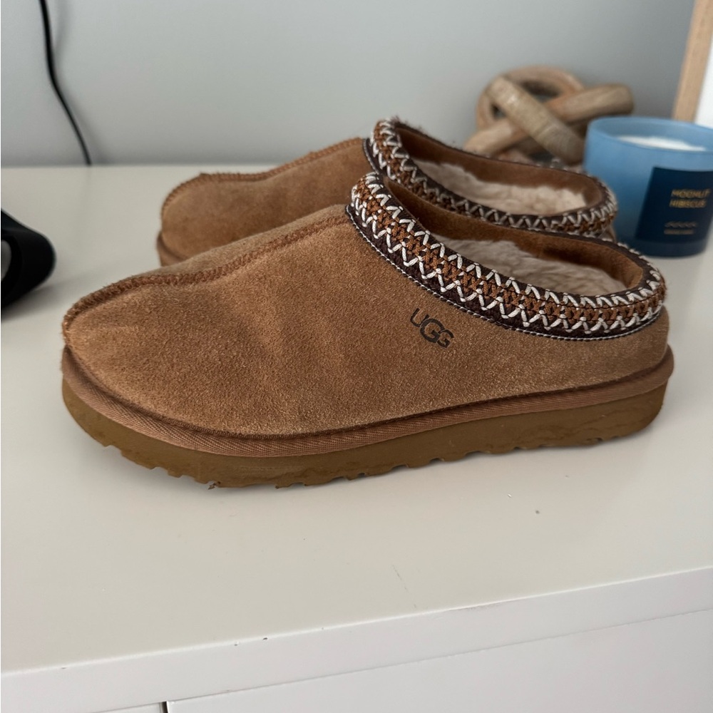 UGG Chestnut Suede Slip-Ons with Patterned Trim